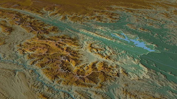 放大Yen Bai 越南省 斜的角度 带有地表水的地形图 3D渲染 — 图库照片
