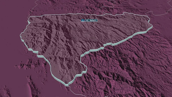マホィット イエメンの知事 にズームアウトされました 嘘の見方だ 水面と行政区画の色と衝突した地図 3Dレンダリング — ストック写真