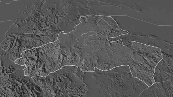 Zoom in on Sana\'a (city of Yemen) outlined. Oblique perspective. Bilevel elevation map with surface waters. 3D rendering