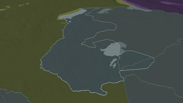 Zoom in on Luapula (province of Zambia) outlined. Oblique perspective. Colored and bumped map of the administrative division with surface waters. 3D rendering