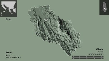 Arnavutluk 'un Berat ilçesi ve başkenti. Uzaklık ölçeği, ön gösterimler ve etiketler. Renkli yükseklik haritası. 3B görüntüleme
