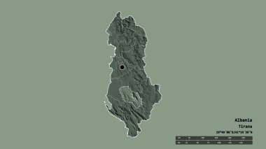 Arnavutluk 'un başkenti, ana bölgesel bölünmesi ve bölünmüş Berat alanıyla deforme olmuş hali. Etiketler. Renkli yükseklik haritası. 3B görüntüleme