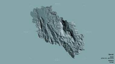 Arnavutluk 'un Berat ilçesi bölgesi, jeoreferatlı bir sınır kutusunun sağlam bir arka planında izole edilmiş. Etiketler. Renkli yükseklik haritası. 3B görüntüleme