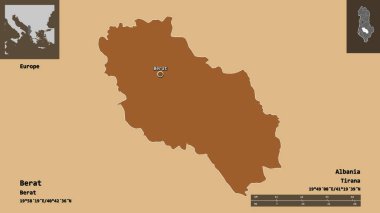 Arnavutluk 'un Berat ilçesi ve başkenti. Uzaklık ölçeği, ön gösterimler ve etiketler. Desenli dokuların bileşimi. 3B görüntüleme