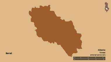 Arnavutluk 'un Berat ilçesinin başkenti sağlam bir zemin üzerinde izole edilmiştir. Uzaklık ölçeği, bölge önizlemesi ve etiketleri. Desenli dokuların bileşimi. 3B görüntüleme