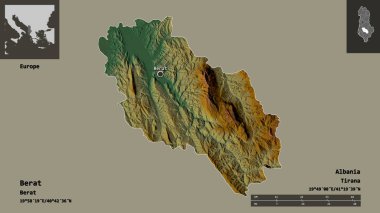 Arnavutluk 'un Berat ilçesi ve başkenti. Uzaklık ölçeği, ön gösterimler ve etiketler. Topografik yardım haritası. 3B görüntüleme