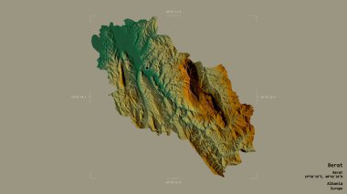 Arnavutluk 'un Berat ilçesi bölgesi, jeoreferatlı bir sınır kutusunun sağlam bir arka planında izole edilmiş. Etiketler. Topografik yardım haritası. 3B görüntüleme