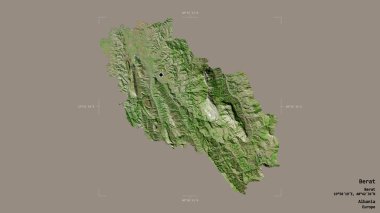 Arnavutluk 'un Berat ilçesi bölgesi, jeoreferatlı bir sınır kutusunun sağlam bir arka planında izole edilmiş. Etiketler. Uydu görüntüleri. 3B görüntüleme