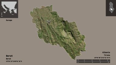 Arnavutluk 'un Berat ilçesi ve başkenti. Uzaklık ölçeği, ön gösterimler ve etiketler. Uydu görüntüleri. 3B görüntüleme