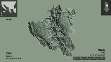 Arnavutluk 'un Diber ilçesi ve başkenti. Uzaklık ölçeği, ön gösterimler ve etiketler. Renkli yükseklik haritası. 3B görüntüleme