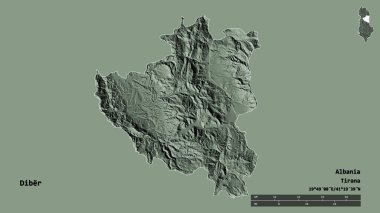 Arnavutluk 'un Diber ilçesinin başkenti sağlam bir zemin üzerinde izole edilmiş durumda. Uzaklık ölçeği, bölge önizlemesi ve etiketleri. Renkli yükseklik haritası. 3B görüntüleme