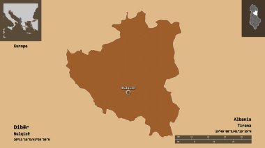 Arnavutluk 'un Diber ilçesi ve başkenti. Uzaklık ölçeği, ön gösterimler ve etiketler. Desenli dokuların bileşimi. 3B görüntüleme