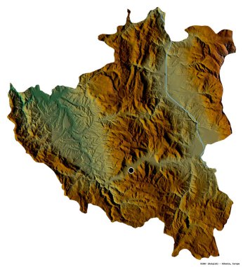 Arnavutluk 'un Diber ilçesi, başkenti beyaz arka planda izole edilmiş. Topografik yardım haritası. 3B görüntüleme