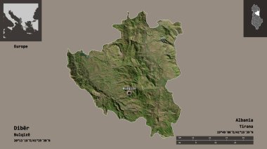 Arnavutluk 'un Diber ilçesi ve başkenti. Uzaklık ölçeği, ön gösterimler ve etiketler. Uydu görüntüleri. 3B görüntüleme