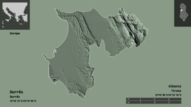 Arnavutluk 'un Durres ilçesi ve başkenti. Uzaklık ölçeği, ön gösterimler ve etiketler. Renkli yükseklik haritası. 3B görüntüleme