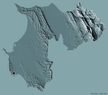 Arnavutluk 'un Durres ilçesi, başkenti katı renk arka planında izole edilmiş durumda. Renkli yükseklik haritası. 3B görüntüleme