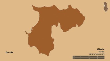 Arnavutluk 'un Durres ilçesi, başkenti sağlam bir zemin üzerinde izole edilmiş durumda. Uzaklık ölçeği, bölge önizlemesi ve etiketleri. Desenli dokuların bileşimi. 3B görüntüleme