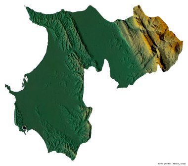 Arnavutluk 'un Durres ilçesi, başkenti beyaz arka planda izole edilmiş durumda. Topografik yardım haritası. 3B görüntüleme