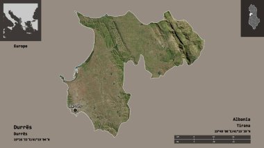 Arnavutluk 'un Durres ilçesi ve başkenti. Uzaklık ölçeği, ön gösterimler ve etiketler. Uydu görüntüleri. 3B görüntüleme