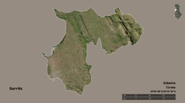 Arnavutluk 'un Durres ilçesi, başkenti sağlam bir zemin üzerinde izole edilmiş durumda. Uzaklık ölçeği, bölge önizlemesi ve etiketleri. Uydu görüntüleri. 3B görüntüleme