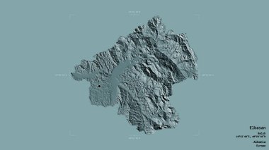 Arnavutluk 'un Elbasan ilçesi bölgesi, jeoreferatlı bir sınır kutusunun sağlam bir arka planında izole edilmiş durumda. Etiketler. Renkli yükseklik haritası. 3B görüntüleme