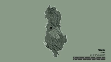 Başkenti, ana bölgesel bölünmesi ve bölünmüş Elbasan bölgesiyle Arnavutluk 'un deforme edilmiş şekli. Etiketler. Renkli yükseklik haritası. 3B görüntüleme