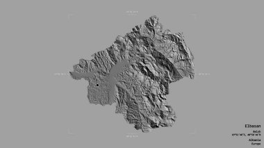 Arnavutluk 'un Elbasan ilçesi bölgesi, jeoreferatlı bir sınır kutusunun sağlam bir arka planında izole edilmiş durumda. Etiketler. Çift seviyeli yükseklik haritası. 3B görüntüleme