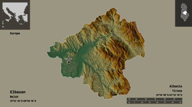 Arnavutluk 'un Elbasan ilçesi ve başkenti. Uzaklık ölçeği, ön gösterimler ve etiketler. Topografik yardım haritası. 3B görüntüleme