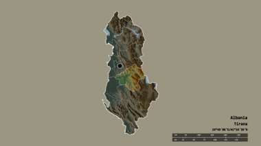 Başkenti, ana bölgesel bölünmesi ve bölünmüş Elbasan bölgesiyle Arnavutluk 'un deforme edilmiş şekli. Etiketler. Topografik yardım haritası. 3B görüntüleme
