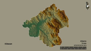 Arnavutluk 'un Elbasan ilçesinin başkenti sağlam bir zemin üzerinde izole edilmiş durumda. Uzaklık ölçeği, bölge önizlemesi ve etiketleri. Topografik yardım haritası. 3B görüntüleme