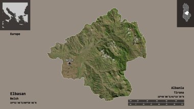 Arnavutluk 'un Elbasan ilçesi ve başkenti. Uzaklık ölçeği, ön gösterimler ve etiketler. Uydu görüntüleri. 3B görüntüleme