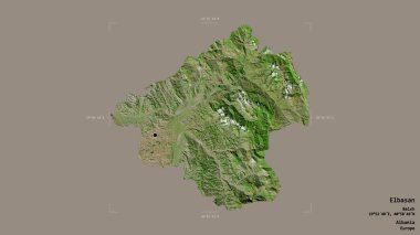 Arnavutluk 'un Elbasan ilçesi bölgesi, jeoreferatlı bir sınır kutusunun sağlam bir arka planında izole edilmiş durumda. Etiketler. Uydu görüntüleri. 3B görüntüleme