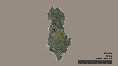 Başkenti, ana bölgesel bölünmesi ve bölünmüş Elbasan bölgesiyle Arnavutluk 'un deforme edilmiş şekli. Etiketler. Uydu görüntüleri. 3B görüntüleme