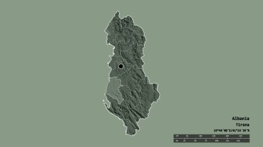 Arnavutluk 'un sermayesi, ana bölgesel bölünmesi ve ayrılan Fier bölgesiyle dejenere bir şekli var. Etiketler. Renkli yükseklik haritası. 3B görüntüleme
