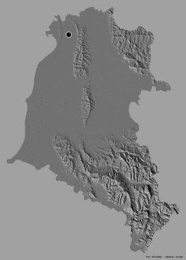 Arnavutluk 'un Fier ilçesi, başkenti katı renk arka planında izole edilmiş durumda. Çift seviyeli yükseklik haritası. 3B görüntüleme