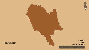 Arnavutluk 'un Cirokaster ilçesinin başkenti sağlam bir zemin üzerinde izole edilmiş durumda. Uzaklık ölçeği, bölge önizlemesi ve etiketleri. Desenli dokuların bileşimi. 3B görüntüleme