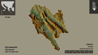 Cirokaster 'ın şekli, Arnavutluk ve başkenti. Uzaklık ölçeği, ön gösterimler ve etiketler. Topografik yardım haritası. 3B görüntüleme