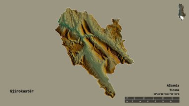 Arnavutluk 'un Cirokaster ilçesinin başkenti sağlam bir zemin üzerinde izole edilmiş durumda. Uzaklık ölçeği, bölge önizlemesi ve etiketleri. Topografik yardım haritası. 3B görüntüleme