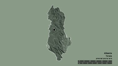 Arnavutluk 'un başkenti, ana bölgesel bölünmesi ve bölünmüş Koreli bölgesiyle deforme olmuş hali. Etiketler. Renkli yükseklik haritası. 3B görüntüleme