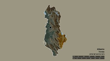 Arnavutluk 'un başkenti, ana bölgesel bölünmesi ve bölünmüş Koreli bölgesiyle deforme olmuş hali. Etiketler. Topografik yardım haritası. 3B görüntüleme