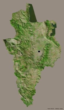 Arnavutluk 'un Korce ilçesi, başkenti katı renk arka planında izole edilmiş. Uydu görüntüleri. 3B görüntüleme