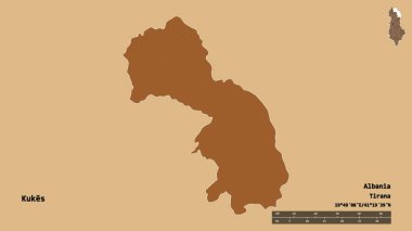 Arnavutluk 'un Kukes ilçesinin başkenti sağlam bir zemin üzerinde izole edilmiş durumda. Uzaklık ölçeği, bölge önizlemesi ve etiketleri. Desenli dokuların bileşimi. 3B görüntüleme