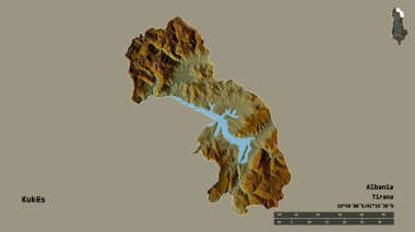 Arnavutluk 'un Kukes ilçesinin başkenti sağlam bir zemin üzerinde izole edilmiş durumda. Uzaklık ölçeği, bölge önizlemesi ve etiketleri. Topografik yardım haritası. 3B görüntüleme