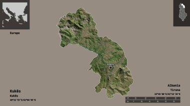 Arnavutluk 'un Kukes ilçesi ve başkenti. Uzaklık ölçeği, ön gösterimler ve etiketler. Uydu görüntüleri. 3B görüntüleme