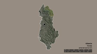 Arnavutluk 'un başkenti, ana bölgesel bölünmesi ve bölünmüş Kukes bölgesiyle dejenere bir şekli var. Etiketler. Uydu görüntüleri. 3B görüntüleme