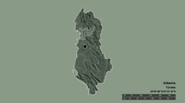 Arnavutluk 'un başkenti, ana bölgesel bölünmesi ve bölünmüş Lezhe bölgesiyle deforme olmuş hali. Etiketler. Renkli yükseklik haritası. 3B görüntüleme