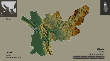 Arnavutluk 'un Lezhe ilçesi ve başkenti. Uzaklık ölçeği, ön gösterimler ve etiketler. Topografik yardım haritası. 3B görüntüleme