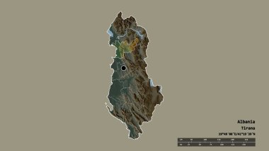 Arnavutluk 'un başkenti, ana bölgesel bölünmesi ve bölünmüş Lezhe bölgesiyle deforme olmuş hali. Etiketler. Topografik yardım haritası. 3B görüntüleme