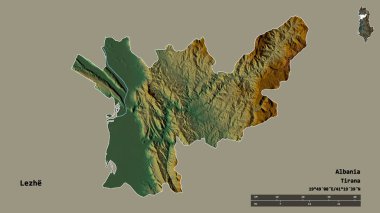 Arnavutluk 'un Lezhe ilçesinin başkenti sağlam bir zemin üzerinde izole edilmiş durumda. Uzaklık ölçeği, bölge önizlemesi ve etiketleri. Topografik yardım haritası. 3B görüntüleme