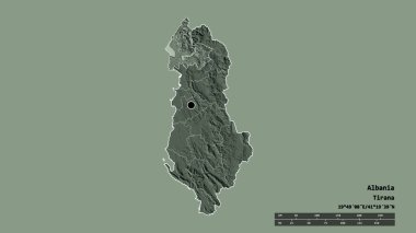 Arnavutluk 'un başkenti, ana bölgesel bölünmesi ve bölünmüş Shkoder bölgesiyle deforme olmuş hali. Etiketler. Renkli yükseklik haritası. 3B görüntüleme